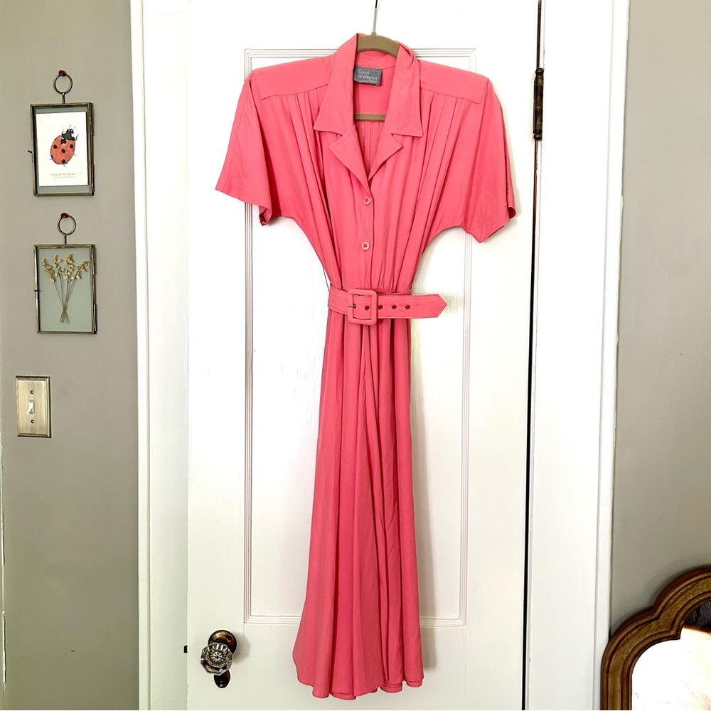 Vintage 80s Carol Anderson Safari Shirt Dress XS Coral